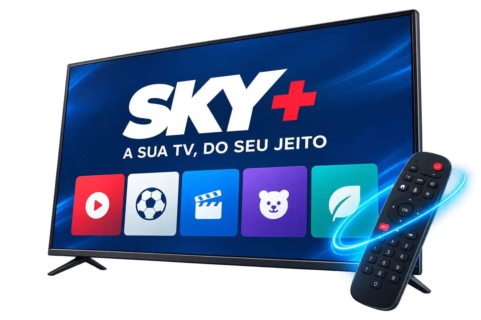 Smart TV exibindo o menu SKY+ com controle remoto